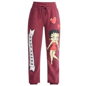 New Women's BETTY BOOP Sweatpants Joggers Size L Dark Cherry Ankle Length